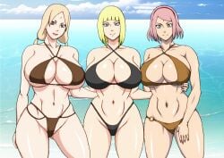 3girls alternate_breast_size beach big_breasts bikini blonde_female boruto:_naruto_next_generations female female_only human kunoichi milf multiple_girls naruho naruto naruto_shippuden pink_hair sakura_haruno samui tagme tsunade voluptuous