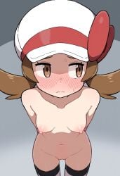 1girls ai_generated blush breasts brown_eyes brown_hair embarrassed embarrassed_nude_female hat hat_bow looking_away lyra_(pokemon) navel nintendo nipples novelai nude pokemon pokemon_hgss pov pussy raised_eyebrows self_upload standing thighhighs twintails white_headwear young