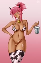 1futa 2023 alx_k2k big_breasts blue_eyes breasts clothed clothing cow_girl cow_print cow_print_bikini dark-skinned_futanari dark_skin ellen_(futabu) erection futa_only futabu futanari human mostly_nude penis pink_hair solo solo_futa standing thighhighs