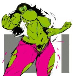 1girls breasts female green_skin marvel marvel_comics muscular muscular_female nipples pubic_hair pussy redfred she-hulk solo torn_clothes wardrobe_malfunction