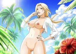 1girls bare_arms bare_legs bare_shoulders beach belly blonde_hair breasts brown_eyes busty collarbone completely_nude completely_nude_female drink edit eyewear_on_head female female_only holding_object large_breasts looking_at_viewer mature mature_female midriff milf nail_polish naked naked_female naruto naruto_(series) naruto_shippuden navel necklace nipples nude nude_edit nude_female nudity official_art open_clothes open_shirt outdoor_nudity pussy seaside shirt smile solo solo_female sunlight third-party_edit tsunade voluptuous