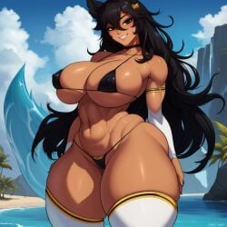 ahri ai_generated beach black_bikini black_eyes black_hair black_thong bluecatrip blush choker curvy erect_nipples eyebrows eyelashes fit fit_female fox_ears gigantic_breasts hair_between_eyes hair_ornament half-closed_eyes hands_behind_back hourglass_figure huge_ass huge_breasts league_of_legends long_hair looking_at_viewer messy_hair micro_bikini navel seductive seductive_eyes seductive_look seductive_smile stable_diffusion thick_ass thick_thighs thighhighs thong white_thighhighs wide_hips