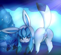 anus ass blue_eyes blue_fur blush canine clitoris eeveelution female feral fur furry furry_only glaceon half-closed_eyes hearlesssoul hi_res ice light looking_at_viewer looking_back mammal nintendo open_mouth pokémon_(species) pokemon pokemon_(species) presenting presenting_anus presenting_hindquarters presenting_pussy pussy reflection solo tail tongue video_games