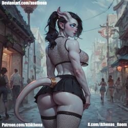 1girls ai_generated ass athena big_ass black_hair blue_eyes deviantart_username draenei draenei_female fishnet_shirt fishnets glowing_eyes goddess no_bra patreon_username pointy_ears rear_view reincarnation short_skirt skirt standing street tail twitter_username warcraft