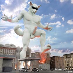 1:1 2024 3d anthro balls bigkami blender_(artwork) building building_destruction canid canine car city city_destruction debris destruction digital_media_(artwork) dominant feet fire genitals hi_res humanoid_genitalia humanoid_penis macro male mammal micro muscular muscular_anthro muscular_male penile penis rampage smoke solo stomping vehicle