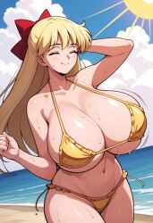 ai_generated alternate_age alternate_breast_size beach bikini bishoujo_senshi_sailor_moon blonde_hair bow cleavage closed_eyes closed_mouth frilled_bikini huge_breasts large_breasts minako_aino navel oppai pony_diffusion_xl red_ribbon sailor_venus sun swimsuit underboob yellow_bikini