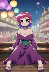 accurate_art_style ai_generated bigmic145 breasts cleavage clothed clothing feet female festival fireworks netflix pink_hair purple_legwear ramona_flowers robe sandals scott_pilgrim scott_pilgrim_takes_off scott_pilgrim_vs._the_world yukata