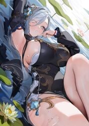 arm_up big_breasts black_dress blush in_water laying_down leg_up mikan03_26 open_mouth shenhe_(frostflower_dew)_(genshin_impact) shenhe_(genshin_impact) thick_thighs water white_eyes white_hair