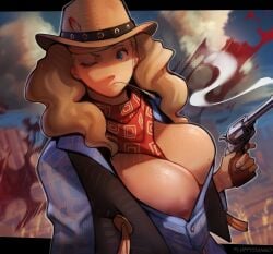 1female 1girls 2024 2d 2d_(artwork) ann_takamaki atlus big_breasts breasts clothing cowgirl cowgirl_outfit female firearm fluffydango gun handgun high_resolution highres human mostly_clothed nipple_slip nipples one_eye_closed pale_skin persona persona_5 revolver smoking_gun solo solo_female twintails weapon