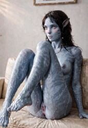 ai_generated alien alien_girl asshole avatar avatar:_the_way_of_water black_hair blue_body blue_skin blush feet feet_up four_toes kiri_(avatar) long_hair looking_away na'vi nipples petite pussy sitting small_breasts thanosdonginspector toes wet