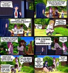 comic crookedbrook dina_(crookedbrook) embarrassed_female female_only group koikatsu liya_(crookedbrook) lizzy_(crookedbrook) need_to_pee omorashi peeing scared_expression yvette_(crookedbrook)