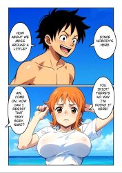 1boy1girl ai_generated big_breasts female kahoo male monkey_d_luffy nami one_piece orange_hair text