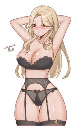 1girls black_bra black_panties blonde_hair blush bra breasts cleavage female female_only garter_belt garter_straps huge_breasts light-skinned_female light_skin lingerie luxeed mamma_mia_139 panties solo virtual_youtuber vrecord yellow_eyes