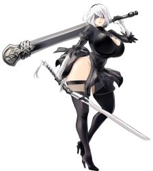 1girls blindfold breasts dress edited female gloves high_heels huge_breasts nier nier:_automata pose posing silver_hair thick_thighs third-party_edit weapon white_background yorha_2b