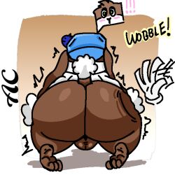 1:1 anthro ass balls big_butt blush brown_body butt_slap canid canine day74art fur genitals male mammal rear_view slap solo text white_body white_fur