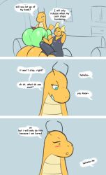 anthro big_breasts big_penis blush breasts comic dragonite duo english_text erection female generation_1_pokemon genitals green_eyes hi_res huge_breasts huge_cock jovi_cap male male/female nintendo penis pokemon pokemon_(species) raichu text wings