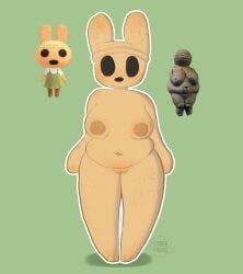 animal_crossing animate_inanimate anthro areola big_breasts black_eyes bowling_ball_face breasts brown_areola brown_nipples coco_(animal_crossing) cyberfaerie empty_eyes featureless_feet featureless_hands feet female fine_art_parody front_view genitals green_background gyroid hi_res history lagomorph leporid looking_at_viewer mammal navel nintendo nipples open_mouth public_domain pussy rabbit simple_background slightly_chubby solo tan_body thick_thighs venus_of_willendorf wide_hips