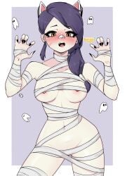 1girls arms_up bananaonegai bandage belly_button blush breasts cat_ears cat_girl claws dark_hair erisa_(fortnite) fangs female female_only fortnite fortnite:_battle_royale hands_up light-skinned_female mummy_costume mummy_wrappings navel nipple_slip nipples open_mouth orange_eyes scar_on_face solo solo_female wraps