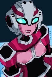 1girls 2d 2d_(artwork) arcee arcee_(tfa) artist_name blue_eyes breasts female female_only pink_lipstick pink_nipples pl4te robot robot_girl robot_humanoid self_upload small_breasts smile solo transformers transformers_animated