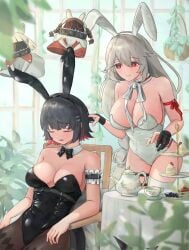 2024 2girls absurdres alexandrina_sebastiane black_hair blush breasts bunny_ears bunny_girl bunnysuit cake cleavage ellen_joe fake_animal_ears female female_only gloves greenhouse hair_between_eyes hair_ornament hairband hairclip highres large_breasts light-skinned_female light_skin long_hair multicolored_hair red_eyes red_hair runyo_(yale12312) short_hair sitting sleeping stockings tea_tray teacup teapot two_tone_hair victoria_housekeeping white_hair zenless_zone_zero