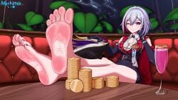 1girls absurdres blue_eyes couch cup drinking_glass feet feet_together foot_focus gem gold highres honkai:_star_rail honkai_(series) legs merkotek money nail_polish numby_(honkai:_star_rail) plant smile soles space toenail_polish toenails toes topaz_(honkai:_star_rail) trotter_(honkai:_star_rail) white_hair window