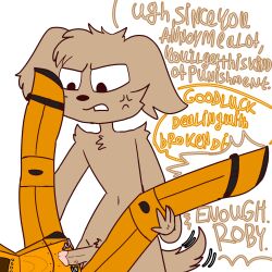 angry angry_vein annoyed annoyed_expression anthro average_sized_penis balls before_rape before_regret before_sex big_nose canine dog_ears dog_tail furry furry_male furry_penis grabbing_legs legs_in_air legs_spread legs_up messy_fur orange_body penis robot robotic robotic_legs text_box text_bubble wagging_tail