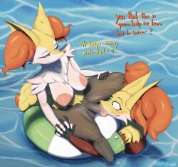 5_fingers age_difference anthro areola balls big_areola big_breasts big_ears blush braixen breasts canid canine canis daughter_(lore) delphox dialogue duo female fingers floaties fur generation_6_pokemon genitals gynomorph hand_holding hi_res incest_(lore) inner_ear_fluff intersex intersex/female looking_at_genitalia looking_at_penis mammal mother_(lore) mother_and_child_(lore) mother_and_daughter_(lore) navel nervous_smile nintendo nipples older_female parent_(lore) parent_and_child_(lore) parent_and_daughter_(lore) penis pokemon pokemon_(species) pool_toy red_body red_eyes red_fur sitting_on_pool_toy steam swimming swimming_pool tail text tuft vexyfursure water white_body white_fur yellow_body yellow_fur younger_anthro younger_intersex