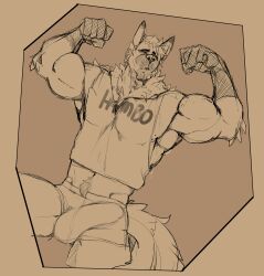 absurd_res anthro biceps bulge canid canine canis clothed clothing detailed_bulge domestic_dog donlemurejo eloy_cooper flexing genital_outline german_shepherd herding_dog hi_res male mammal monochrome muscular muscular_male pastoral_dog penis_outline shirt solo tank_top topwear