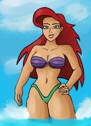 ariel ariel_(the_little_mermaid) beach blue_eyes disney disney_princess hand_on_hip long_hair looking_at_viewer midriff milf outdoors red_hair red_lips seashell_bra seaside smile the_little_mermaid thick_thighs thong wide_hips