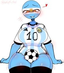 1girls adidas argentina_(countryhumans) artist_name artist_signature big_ass big_breasts black_socks blue_body blush countryhumans countryhumans_girl female female_focus female_only football football_(ball) football_uniform heart heart-shaped_pupil horny horny_female huge_ass huge_breasts kak0yt0_chel orange_eyes sfw simple_background smile sol_de_mayo tagme twitter_username white_background