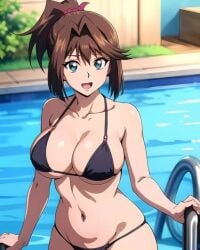 1girls abdomen ai_generated anzu_mazaki artist_request bikini blue_eyes breast brown_hair looking_at_viewer navel ponytail pool smile solo stomach tea_gardner yu-gi-oh! yu-gi-oh!_duel_monsters yu-gi-oh!_the_dark_side_of_dimensions