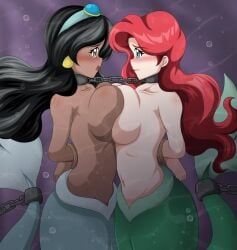 2girls aladdin alternate_species ariel ariel_(the_little_mermaid) arms_behind_back black_hair blush bondage bound_together breast_press breasts breasts_to_breasts bubbles chain_leash chained chained_together chains chocolate_and_vanilla crossover dark-skinned_female dark_skin disney disney_princess female female/female female_only forced_yuri huge_breasts humanoid implied_yuri light-skinned_female light_skin linked_collar long_hair looking_at_another looking_at_each_other mermaid mermaid_tail navel nude ocean princess_jasmine red_hair sea sideboob source_request split_form symmetrical_docking tail the_little_mermaid underwater wah-ngt water