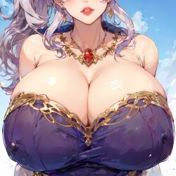 ai_generated bare_shoulders big_breasts blush blushing_at_viewer breast_focus breasts breasts_bigger_than_head breasts_bigger_than_torso breasts_squeezed_together cleavage earrings fire_emblem fire_emblem:_genealogy_of_the_holy_war gifted11 gray_hair grey_hair huge_breasts ishtar_(fire_emblem) lavender_hair light_blush massive_breasts massive_tits necklace nintendo nipple_bulge ponytail purple_clothing red_lipstick tight_clothing white_female white_hair