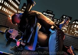 2boys ass_on_crotch batman_(series) dc dc_comics dick_grayson gay jason_todd leg_on_shoulder male male/male mask muffinmonstah night nightwing outdoors pinned_down red_hood_(dc) skin_tight suggestive suggestive_pose tight_clothing yaoi