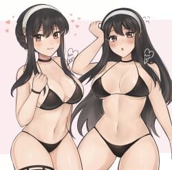 1girls :o bare_shoulders bikini black_bikini black_choker black_hair blush breasts choker cowboy_shot dual_persona hair_between_eyes hairband heart highres long_hair multiple_girls navel purrlucii sidelocks spy_x_family standing stomach swimsuit thighs very_long_hair white_hairband yor_briar yor_forger