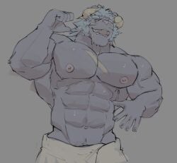 bara big_muscles horns krampus_(tokyo_afterschool_summoners) male male_only muscles muscular nipples no_visible_genitalia ripped-saurian scar scar_on_chest simple_background solo solo_male tokyo_afterschool_summoners towel towel_only white_towel