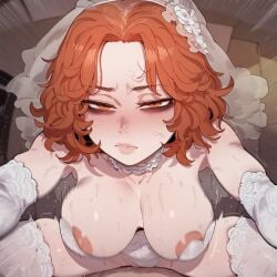 ai_generated bags_under_eyes blush breasts breasts_out church church_interior cleavage cowgirl_position orange_hair orginal_character original original_character red_hair wedding_dress