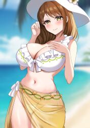 1girls alternate_costume bangs bare_arms bare_midriff bare_thighs beach bikini blush breasts brown_hair cleavage female female_only fire_emblem fire_emblem_engage fire_emblem_heroes goldmary_(fire_emblem) goldmary_(summer)_(fire_emblem) hand_on_own_chest hat hat_flower large_breasts looking_at_viewer midriff navel nintendo ocean official_alternate_costume outdoors palm_tree sarong see-through smile solo sun_hat swimsuit tara_(szzj7733) thick_thighs thighs tree white_bikini white_swimsuit yellow_eyes yellow_sarong