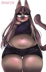 2023 annoyed anthro belly blush brown_body brown_fur camel_toe catnip_(porkiko) digital_drawing_(artwork) digital_media_(artwork) domestic_cat felid feline felis female fur glistening glistening_body hair hi_res inner_ear_fluff long_hair mammal navel nipple_slip nipples porkiko revealing_breasts solo tail thick_thighs tuft