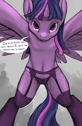 2013 alicorn anthro cameltoe clothing dialogue english_text equine feathered_wings feathers female friendship_is_magic fur hair hi_res hobbes_maxwell horn legwear looking_at_viewer mammal multicolored_hair my_little_pony navel panties purple_eyes purple_feathers purple_fur purple_hair pussy solo stockings text twilight_sparkle_(mlp) two_tone_hair underwear wings