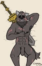 9:14 absurd_res anthro bed black_eyes blaidd_(elden_ring) canid canine canis dakimakura_pose darkyapper digital_media_(artwork) elden_ring erect_nipples fromsoftware fur furniture furry gay genitals grey_body hi_res lying lying_on_bed male male/male male_only mammal melee_weapon muscular nipples on_bed pecs penis scar smile solo solo_male sword weapon white_bed wolf