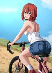 ass bicycle blush brown_hair eiyuu_densetsu gray_eyes jean_shorts jeans looking_back noel_seeker orcaomega red_hair riding_bicycle smile sweat sweaty tank_top the_legend_of_heroes