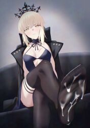 absurdres artoria_pendragon_(alter_swimsuit_rider)_(fate) artoria_pendragon_(alter_swimsuit_rider)_(third_ascension)_(fate) artoria_pendragon_(fate) bare_shoulders black_coat black_thighhighs blonde_hair blue_dress breasts cleavage coat coat_on_shoulders crossed_legs cum cum_on_body cum_on_feet dress fate/grand_order fate_(series) feet female highres looking_at_viewer medium_breasts medium_hair okuma707 open_clothes open_coat sidelocks sitting thighhighs tiara yellow_eyes