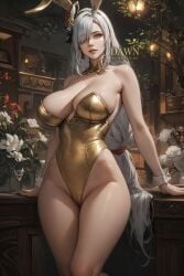 ai_generated big_breasts bunny_ears bunny_girl bunnysuit cameltoe cleavage collar curvy curvy_body curvy_female curvy_figure dawnbubblesai female female_focus female_only genshin_impact hair_over_one_eye leotard looking_at_viewer low-tied_long_hair milf non_nude playboy_bunny sagging_breasts shenhe_(genshin_impact) solo thick_thighs very_long_hair white_hair wide_hips wrist_cuffs