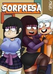 1boy 2girls black_hair blush comic_page lincoln_loud maggie nickelodeon plaid_skirt sex short_sleeves sisters skirt standing the_loud_house thighhighs threesome white_hair zaicomaster14