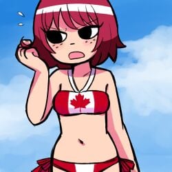 1girls arm_up bikini black_eyes blush canada canadian_flag_bikini female freckles hand_in_hair kim_pine maple_leaf opeipiao red_hair scott_pilgrim short_hair solo solo_female striped_bikini