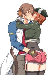 1boy 1girls ass ass_grab blush brown_hair closed_eyes couple eiyuu_densetsu french_kiss gloves green_hat green_jacket hand_behind_head hands_on_ass hat jacket kissing lloyd_bannings noel_seeker pink_shorts red_hair romantic shorts stockings straight the_legend_of_heroes zedxxx