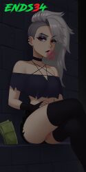 ai_generated ends34 female female_only goth goth_girl helluva_boss human_loona loona_(helluva_boss) prostitution red_eyes short_shorts shorts slut slutty_clothing slutty_outfit stockings