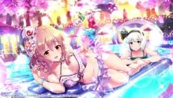 2girls animated artist_request bikini black_hairband cleavage green_eyes grey_hair konpaku_youmu large_breasts looking_at_viewer multiple_girls navel outdoors pink_hair purple_bikini saigyouji_yuyuko short_hair smile tagme touhou touhou_danmaku_kagura video youmu_konpaku yuyuko_saigyouji