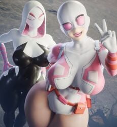 2females 2girls 3d 3d_(artwork) antiheroine big_breasts breasts city female female_focus female_only giantess giga_giantess gwen_poole gwen_stacy gwenpool gwenpool_(series) heroine light-skinned_female light_skin marvel marvel_comics multiple_females multiple_girls spider-gwen spider-man_(series) superhero superhero_costume superheroine thick_thighs thighs wotm8h8